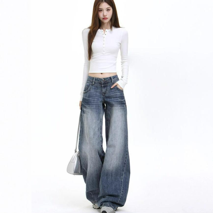 Washed Blue Wide Leg Jeans Women's Autumn Large Size American High Street Spice Girls Low Waist Loose Straight Floor Pants