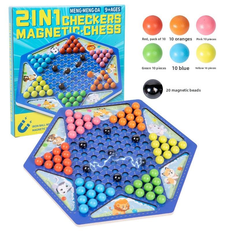 Educational Game Wooden Set With Magnetic Checkers For Kids Brain Training