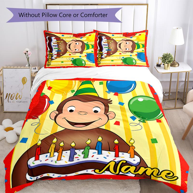 3pcs Custom Name Curious George Bedding Set Duvet Cover Closure Includes 1 Duvet Cover & 2 Pillowcases for All Seasons Bedroom Decor