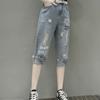 Летние свободные и рваные укороченные брюки больших размеров с принтом, женские модные узкие прямые джинсы
