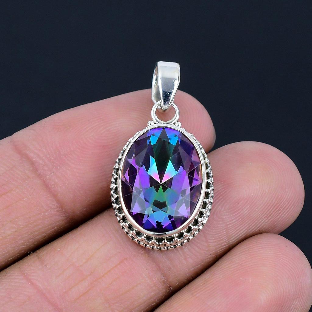 Подвеска из натурального мистического топаза с драгоценным камнем, серебро 925 пробы, многоцветный драгоценный камень, подвеска ручной работы, ювелирный подарок на День святого Валентина