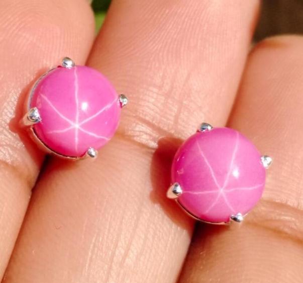 Vintage Pink Lindy Star Sapphire Round Earrings, 925 Sterling Silver Studs
