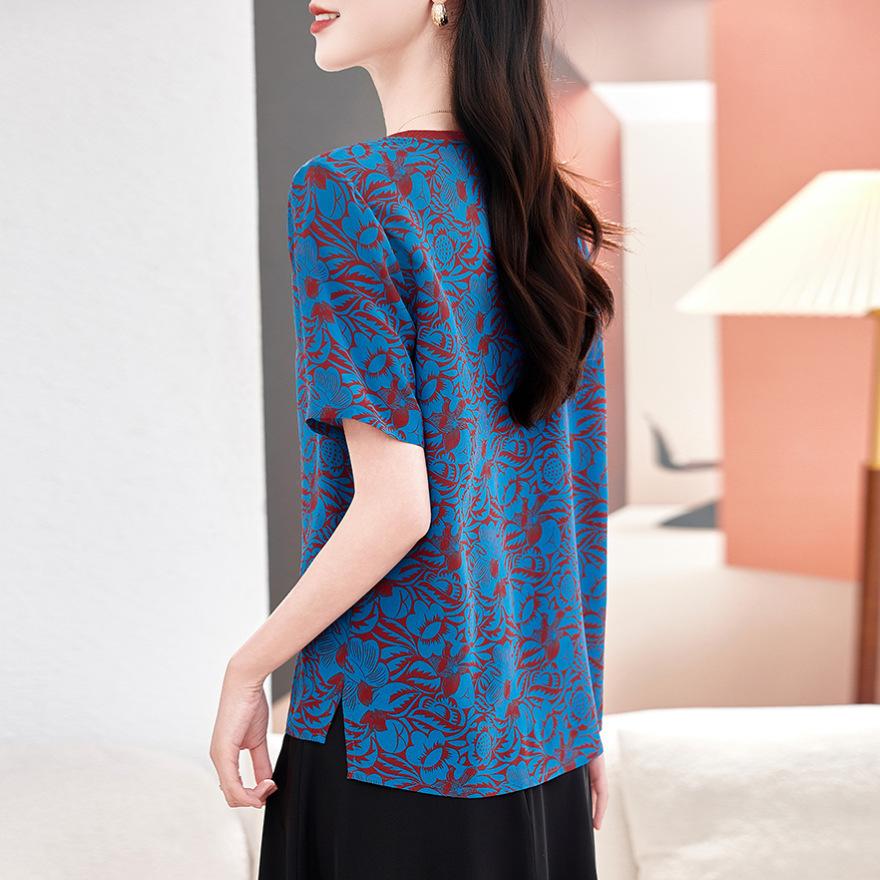 Женская шелковая футболка, новая летняя, с круглым вырезом, с принтом, модная, большого размера, рубашка из тутового шелка