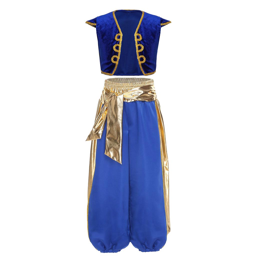Boys Arabian Prince Costume Set Cap Sleeve Braided Vest Metallic Shiny Patchwork Contrast Color Bloom Pants