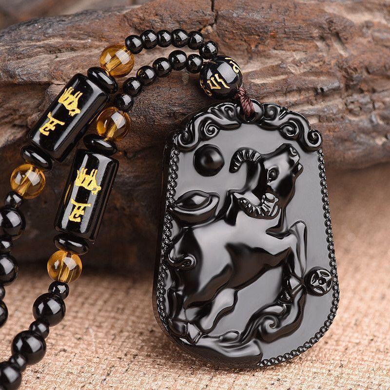 Retro Chinese Style Simulate Obsidian Engraved Zodiac Signs Animal Pendant Necklace for Men Jewelry