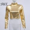 Stretchy Fabric Women Top Club Glossy Faux Leather Half-high Collar Solid Color Waist-exposed Long Slim Fit Sleeve Skinny Pullover Elastic Nightclub