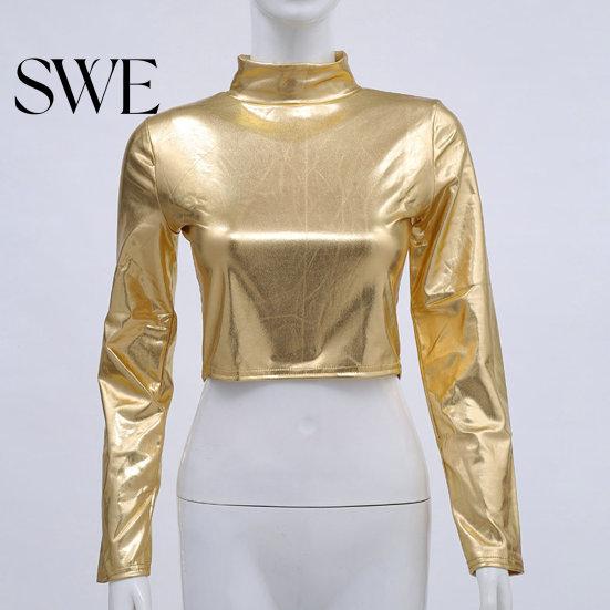 Stretchy Fabric Women Top Club Glossy Faux Leather Half-high Collar Solid Color Waist-exposed Long Slim Fit Sleeve Skinny Pullover Elastic Nightclub