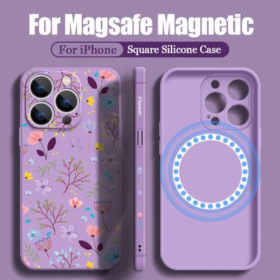 Чехол для телефона с цветочным принтом для iPhone 16 15 14 13 12 Pro Max 11 16E Магнитный для беспроводной зарядки Magsafe Мягкий силиконовый чехол