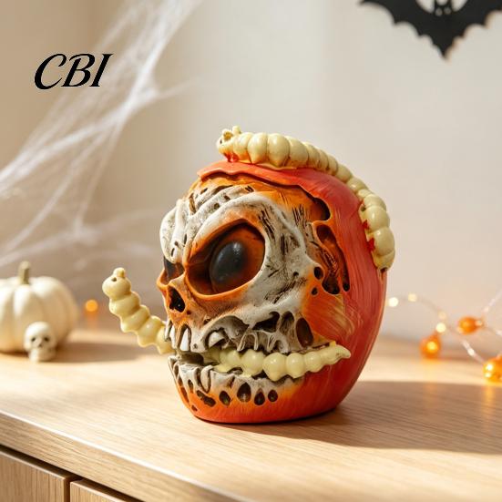 Unique Halloween Gift for Collectors Skull Apples Resin Statue, Gothic Spooky Decor with Niche Horror Collection Pieces Worm, Prop Party Haunted