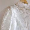Women Stand Collar Lace Patchwork Shirts Casual Hollow Out Flower Petal Sleeve Button Tops White Shirts for Women