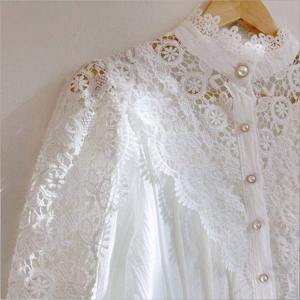 Women Stand Collar Lace Patchwork Shirts Casual Hollow Out Flower Petal Sleeve Button Tops White Shirts for Women