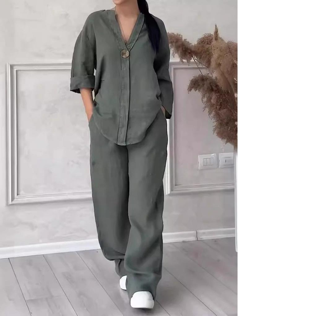 Cotton Linen Sets Two 2 Pieces Sale Casual Long Sleeve Button Loose Blouse Shirt&High Elastic Wide Leg Loose Pant Suits