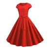 Women Dress V Neck Belted Bow Decor A-line Big Swing Tight High Waist Solid Color Retro Short Sleeve Princess Style Lady Midi Dr