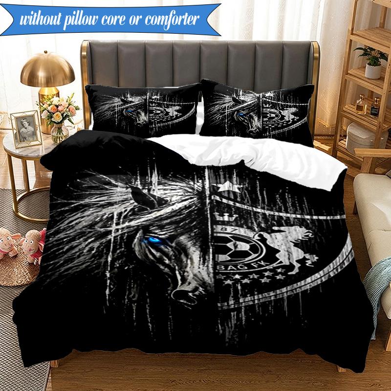 3PCS Qarabag Golden Crested Football Emblem Bedding Set 2D Printing (Includes 1 Duvet Cover + 2 Pillowcases Coreless), Bedroom decor,Fan gift