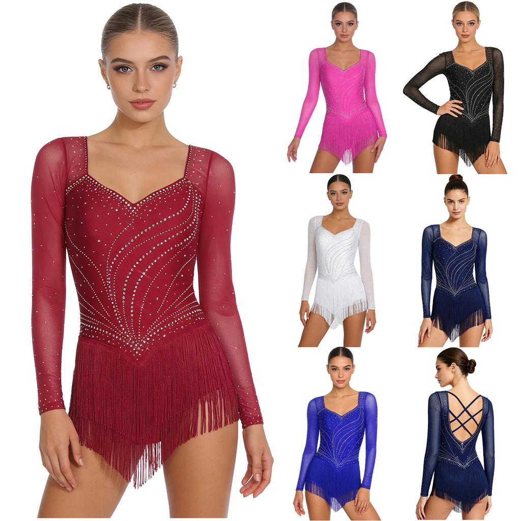 Womens Latin Dance Rhinestone Bodysuit Mesh Long Sleeve Strappy Back Tiered Tassel Hem Leotard