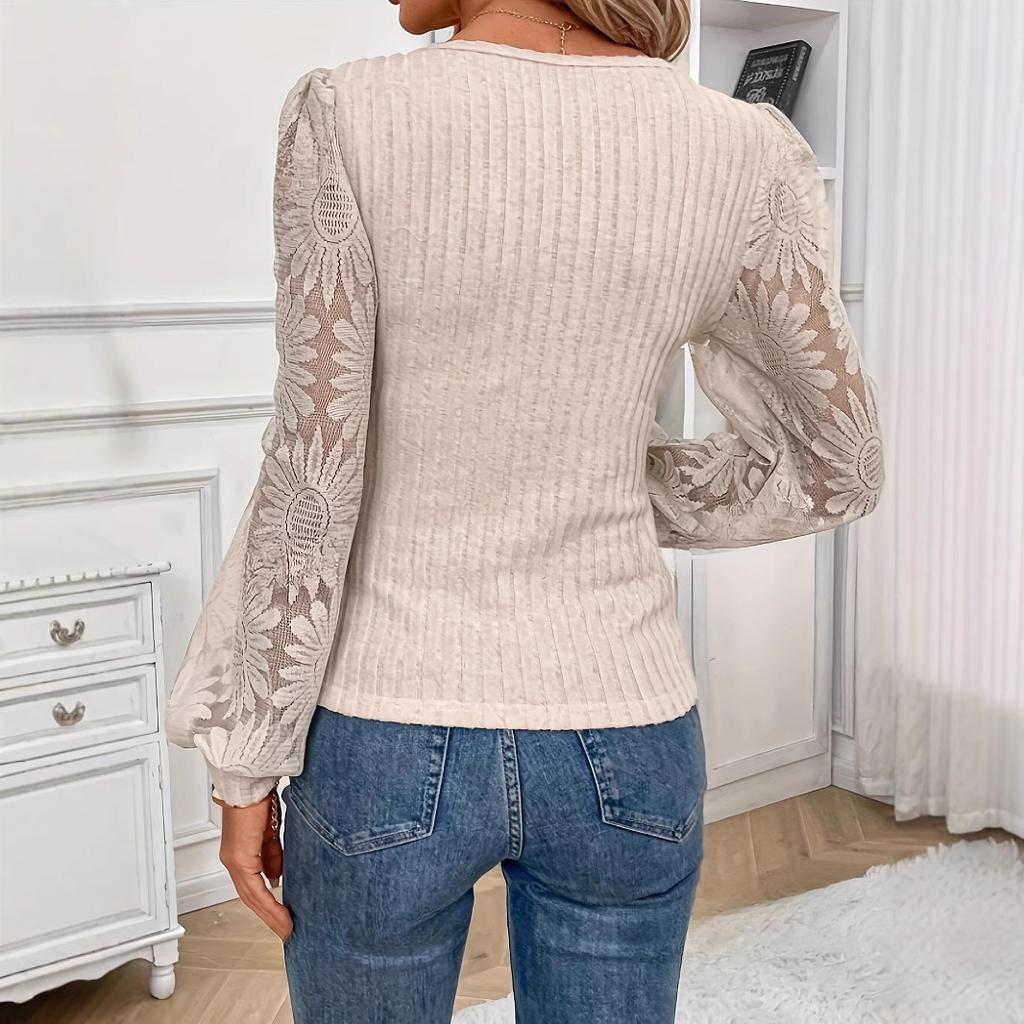Spring and Autumn Long Sleeve Square Neck Solid Color Top Knitted Lace Women's T-shirts