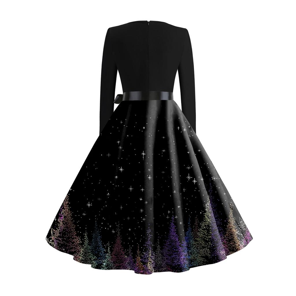 Women's Casual Fashion Long Sleeve Christmas Graphic Printed Vintage Long Dresses