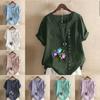 Women's Fashion Round Neck Short Sleeve T-shirt Casual Cotton Linen Graphic Shirt Flowers Prined Summer Blouse Tops Plus Size