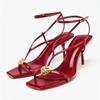 Fashion Summer Sexy Square Toe Metal Buckle Designer Thin High Heels Women Red Ankle-Wrap High Heeled Sandals Luxury Wedding Bridal Shoe