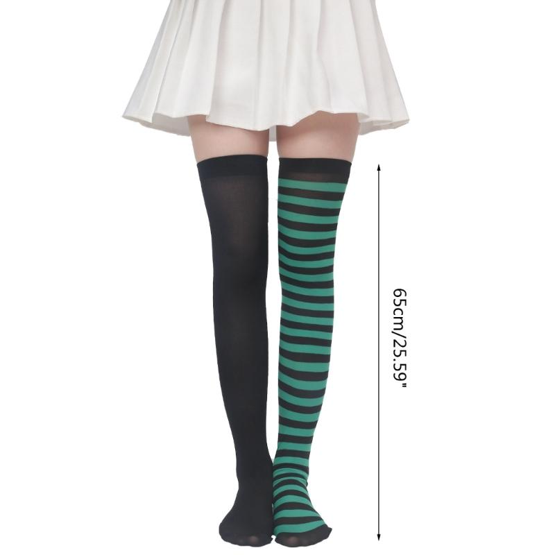 Women Girls Halloween Christmas Over Knee Long Socks Holiday Party Asymmetrical Colorblock Striped Thigh High Stockings