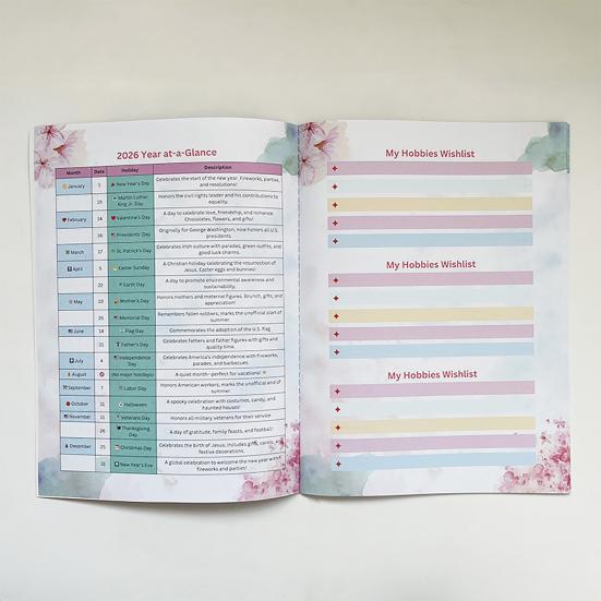 Рабочая тетрадь «Хобби и благополучие» на 2026 год для женщин, 12-месячный журнал с руководством, мотивационный подарок для саморазвития и постановки целей