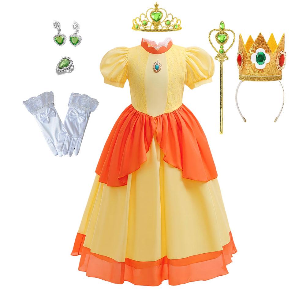 Girl Yellow Lace Princess Dress Daisy Role Play Peach Costume Plumber Partner Adventure Galaxy Movie Cosplay Apparel Ball Gown