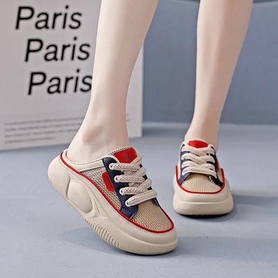 Горячие продажи высококачественных женских повседневных тапочек 2024 года, новые летние туфли на плоской подошве с цветными блоками и шнуровкой для женщин