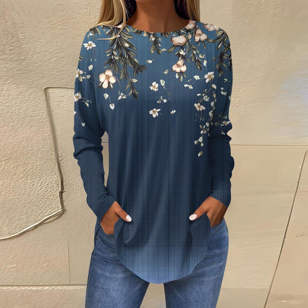 Женская свободная футболка с длинным рукавом с круглым вырезом и принтом, верхний пуловер