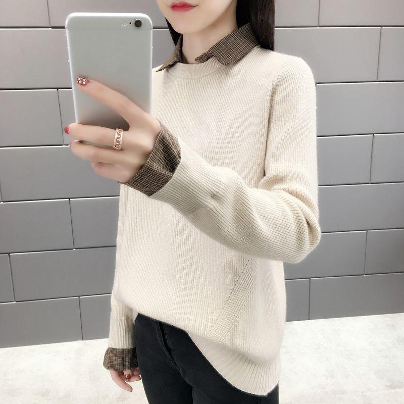 Свитер женский новый осенне-зимний свободный свитер весна корейский студенческий поддельный двухсекционный воротник-рубашка вязаный свитер