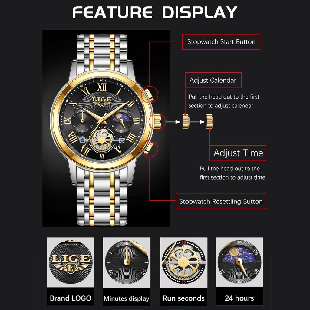 LIGE Лучший бренд, оригинальные мужские кварцевые часы, модные водонепроницаемые мужские часы для отдыха, все стальные ночные светящиеся часы