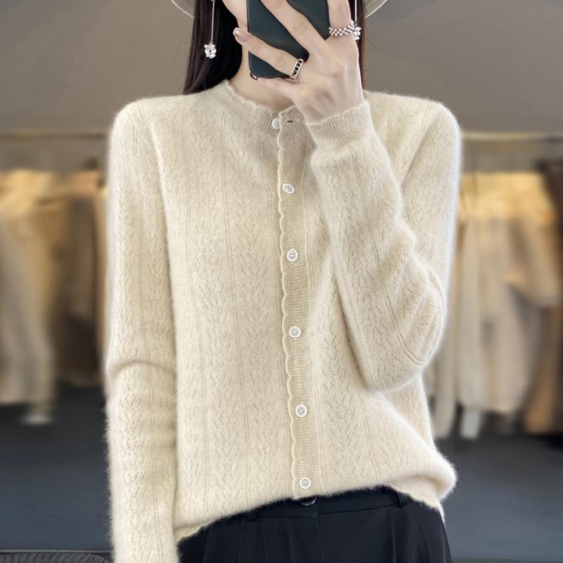 Women's Round Neck Cashmere Cardigan, Qinghe Cashmere, 30% Cashmere 70% Wool, Winter Knitted Pullover Autumn Sweater Cashmere Sweater