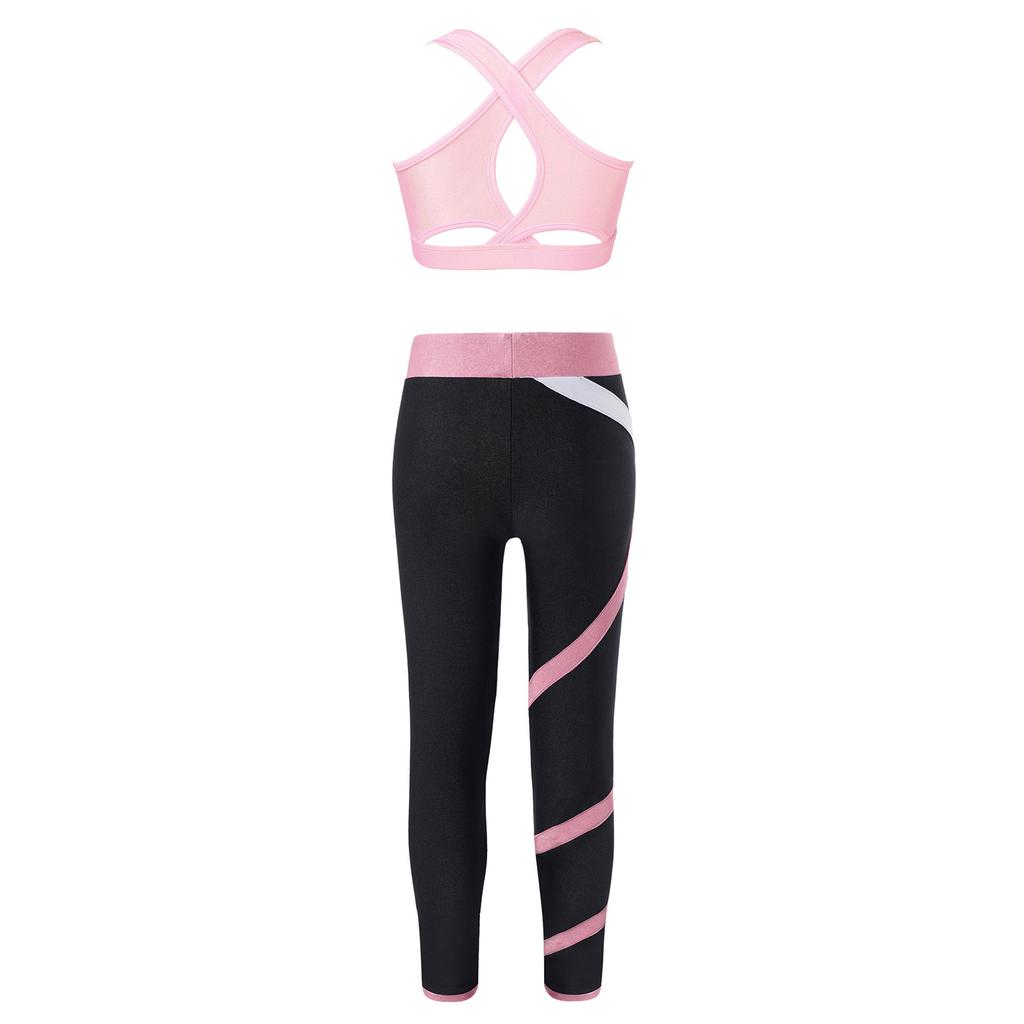 Girls Crop Top U Neck Cross Straps Keyhole Back Sleeveless Color Block Leggings Yoga Sports Set