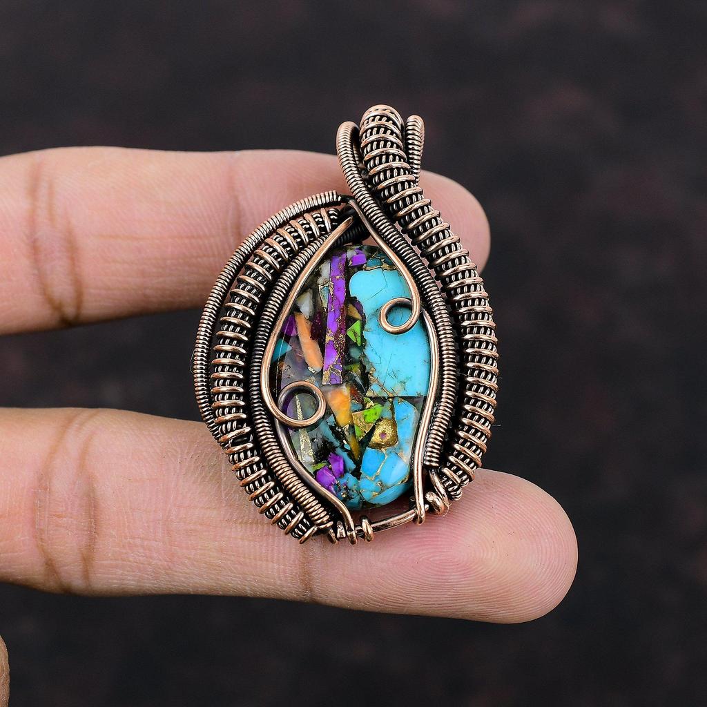 Fiesta Kingman Turquoise Pendant Copper Wire Wrapped Gemstone Pendant Multi Copper Turquoise Pendant Handmade Copper Jewelry Engagement Gift