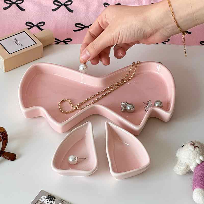 Керамическая тарелка для десерта с розовым бантом, креативный поднос для хранения украшений, симпатичные украшения для хранения, декоративный подарок для девочек