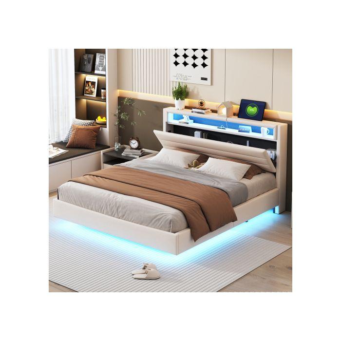 Lit capitonné - MUVOE - 160x200 cm - Prise USB - Éclairage LED - Tête de lit réversible