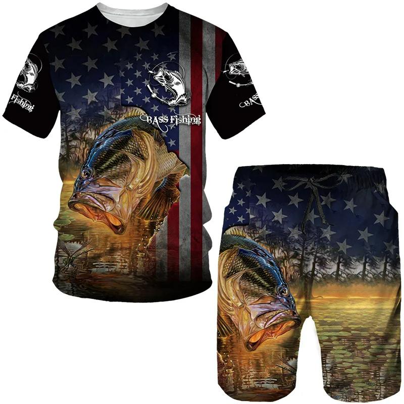Summer Carp Fishing Pattern Men's T Shirt+Shorts 2PCS Outfits Casual Shorts Sets 3D Print Oversized Man Clothes O-Neck Tracksuit