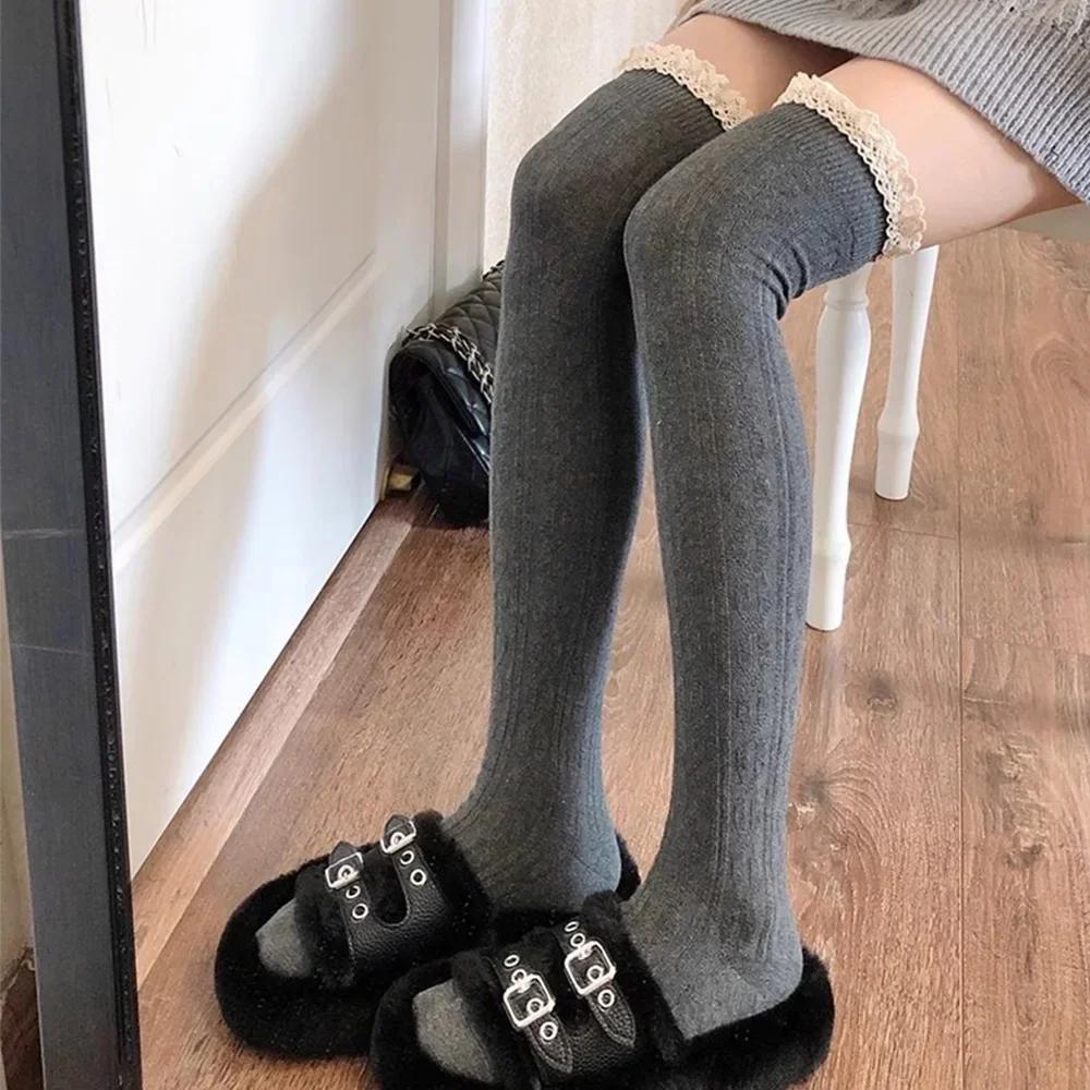 New Style Sexy Vintage Lace Long Knee Socks Premium Feel Light Warm Black White Grey Over Knee JK Tights