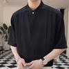 Мужская летняя рубашка с воротником-стойкой из ледяного шелка, сплошной цвет, плиссированный свободный крой, кардиган с половиной рукавов, средней длины, повседневный деловой зрелый мужской офисный топ