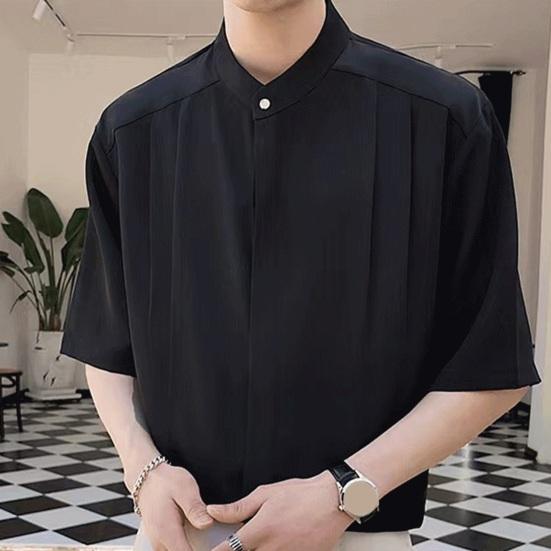 Мужская летняя рубашка с воротником-стойкой из ледяного шелка, сплошной цвет, плиссированный свободный крой, кардиган с половиной рукавов, средней длины, повседневный деловой зрелый мужской офисный топ