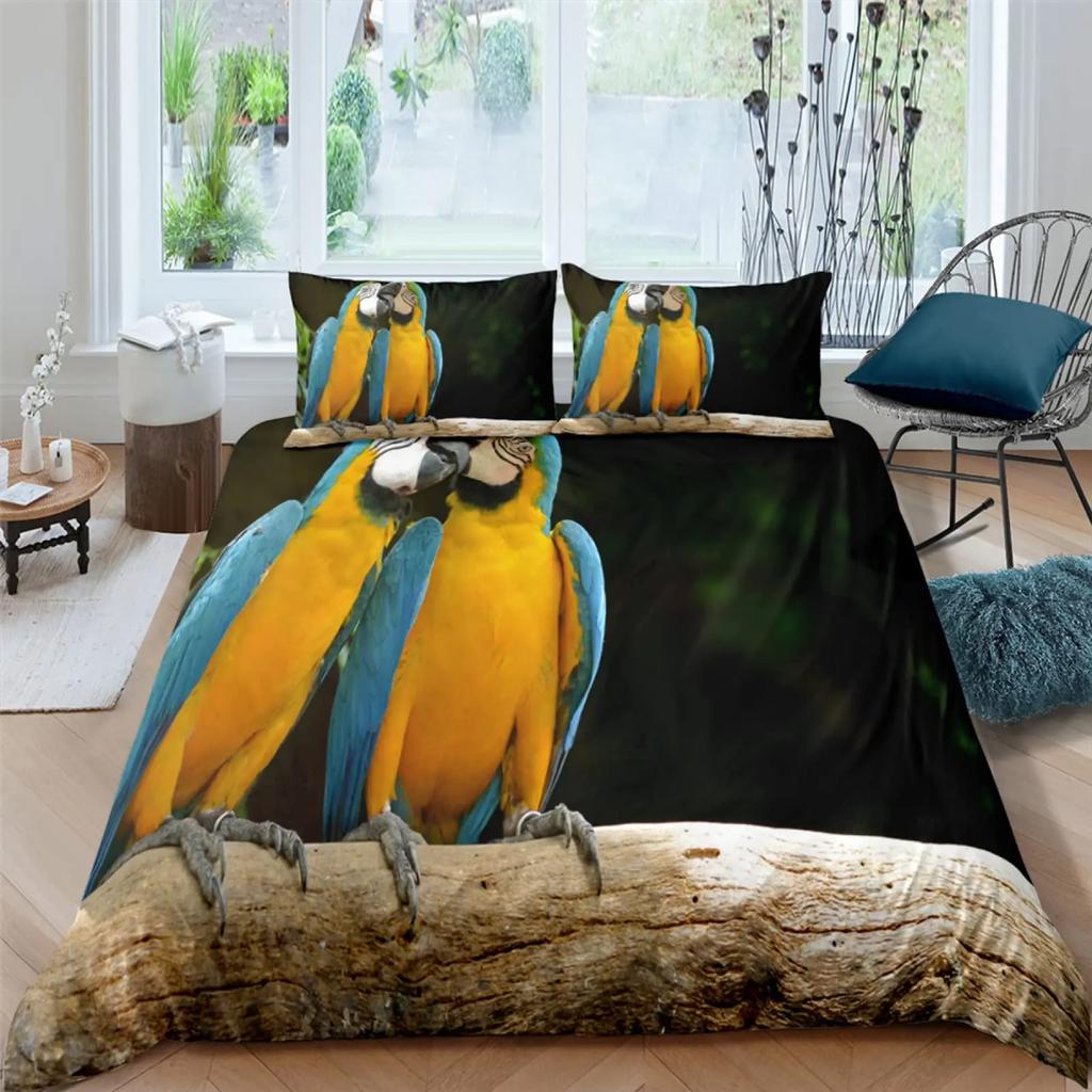 Пододеяльник Lunarable Parrots, реалистичные птицы на ветках, волнистый попугайчик и ара, декоративная тропическая дикая природа для комнаты взрослых