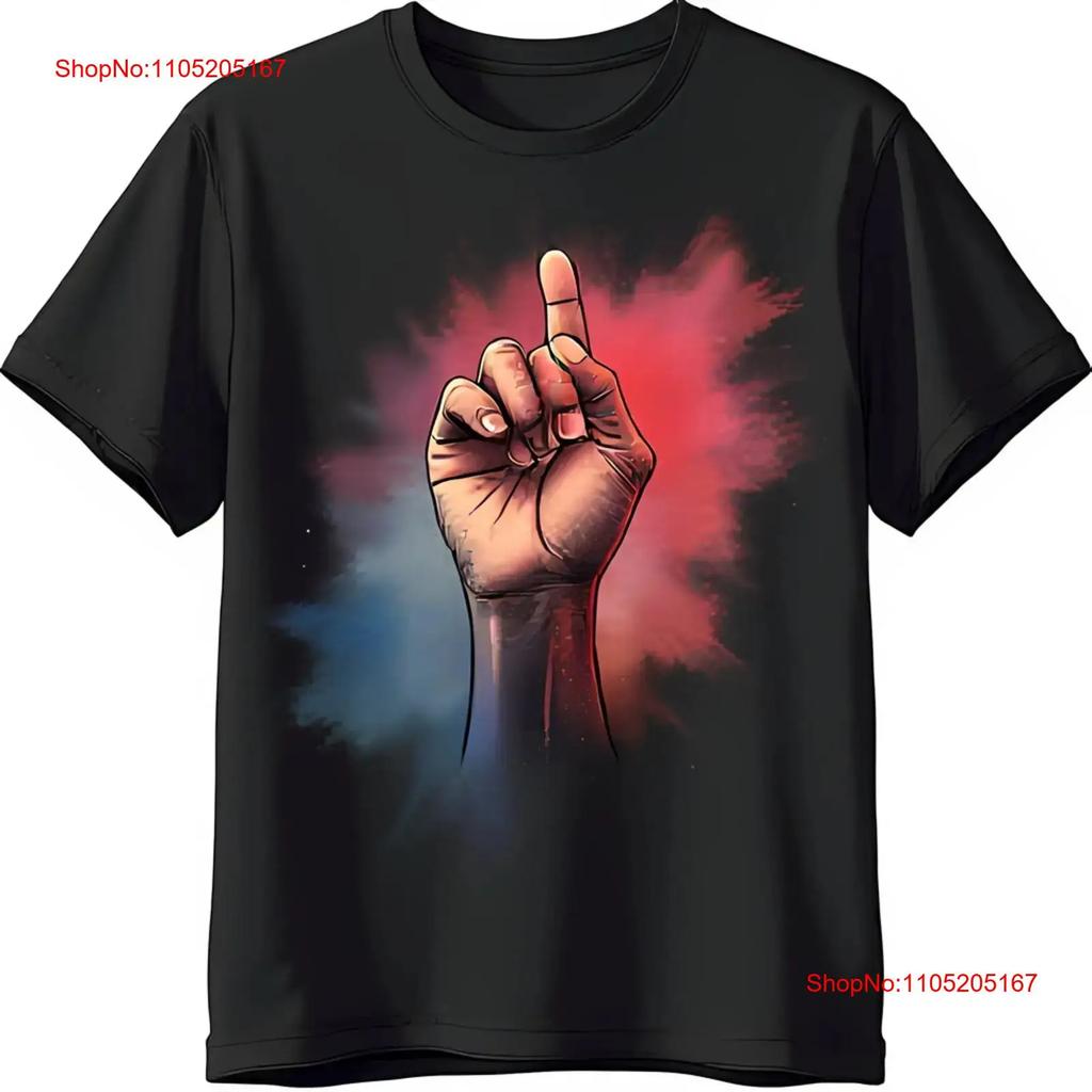 Vibrant Abstract Hand On Black T Shirt Eye Catching Color Burst Design Vintage Versatile Top For Everyday Wear Graphic