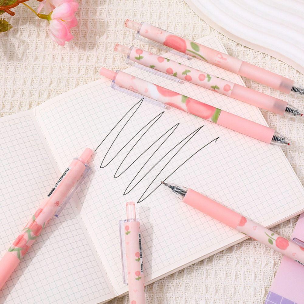 6 шт./Коробка Розовая ручка-гель Тюльпан Большой емкости Нажимная ручка Новая ручка с черными чернилами Студент