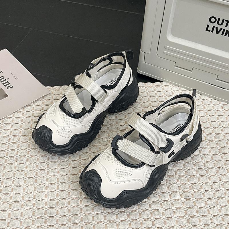 Fashion 2024 Summer New Mary Jane Retro Ugly Women's Shoes Mesh Cloth Tire Thick Bottom Hollow Sports Sandals Anti-slip Wear