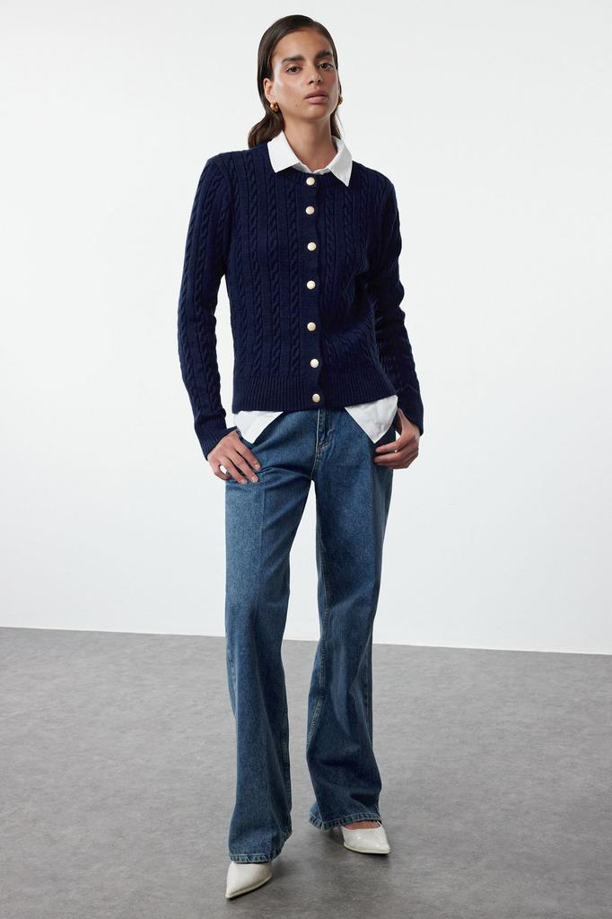 Женский модный стильный кардиган, темно-синий, пряжа премиум-класса, специальная пряжа для вязания, детальный вид куртки, трикотаж, кардиган