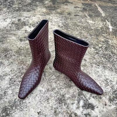 Версия из коровьей кожи~ осенне-зимние новые ботильоны на танкетке с квадратным носком и плетеным свободным голенищем, женские универсальные высококлассные полусапожки