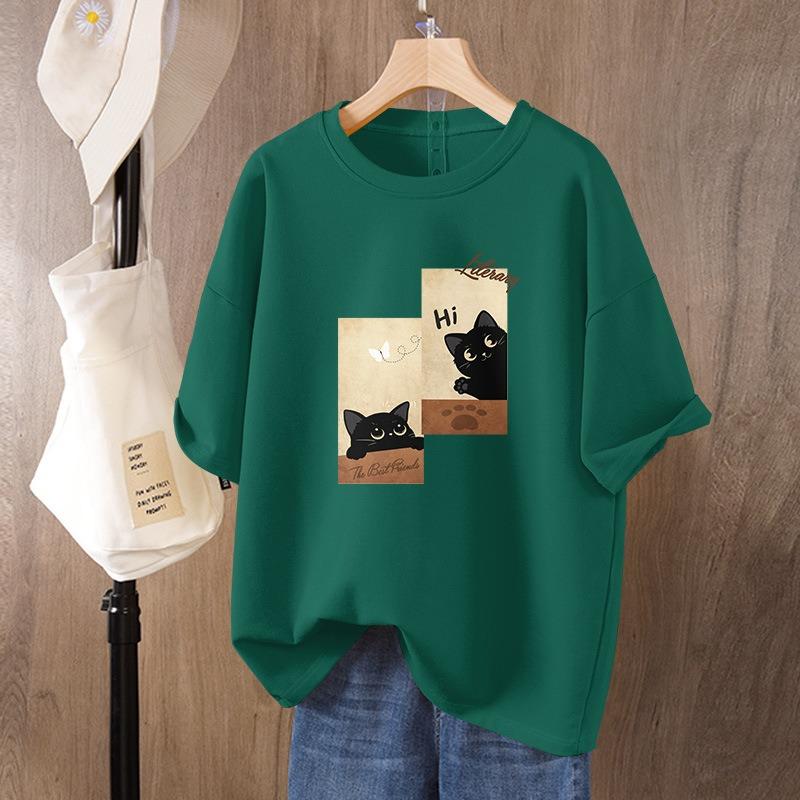 Pure Cotton Cat Printed Short-sleeved T-shirt for Women In Summer New Loose Large-size Half-sleeved Top