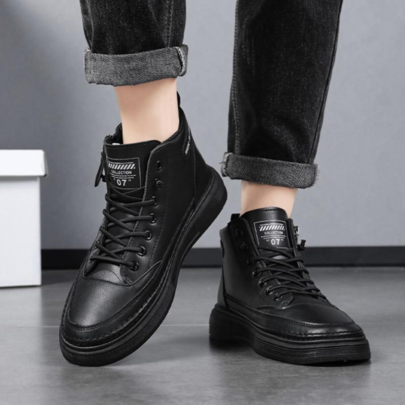 Spring New Casual Flats Shoes for Men Fashion Comfortable Soft Leather Mid-top Sneakers Male Boots Side Zipper Plate Shoes Tenis