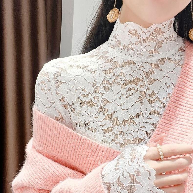 Hollow Lace Bottoming Shirt Slim Fit Long Short-sleeved T-shirt Women's Top Half Turtleneck Slim Fit