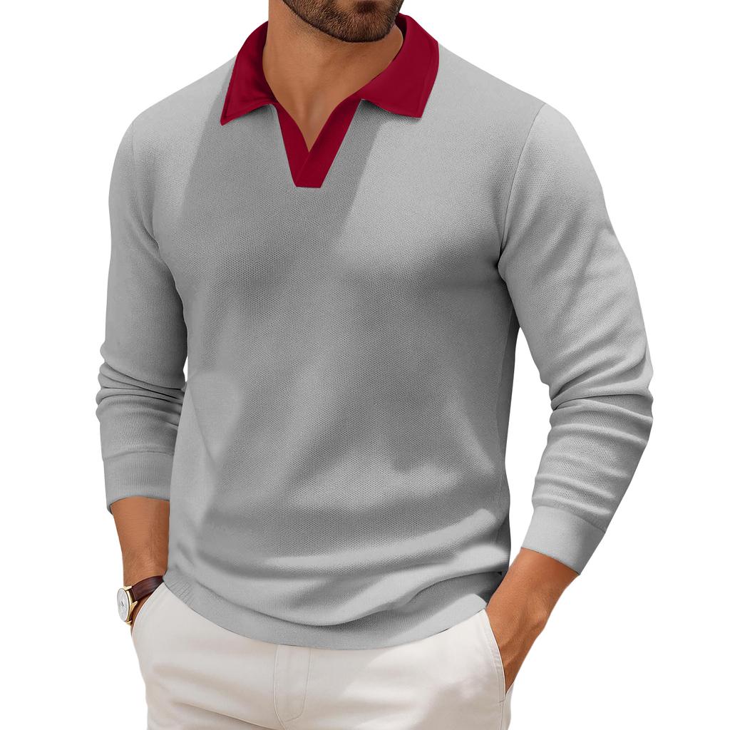 Мужской повседневный трикотажный базовый топ с длинным рукавом и воротником в стиле колор-блок