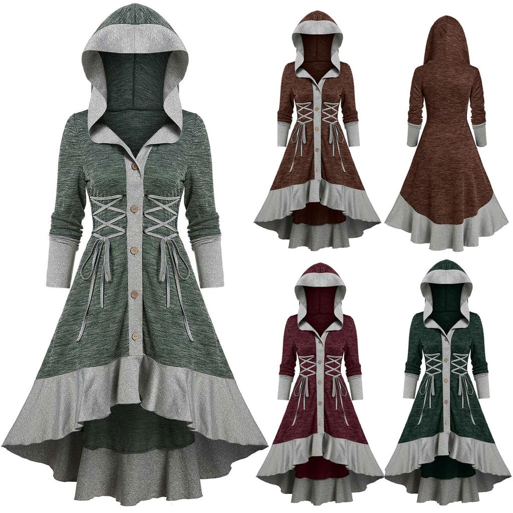 Women Contrast Ribbed Ruffles Flare Sleeve Button Coat High Low Cardigan